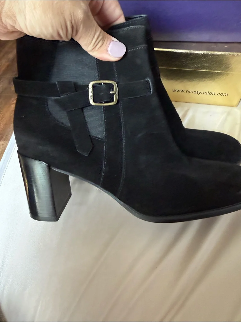 Vionic Black Suede Ankle Boots with Buckle Accent
